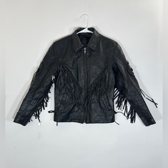 Jackets & Blazers - Fringed Black Leather Motorcycle Jacket Vintage Biker Women Medium 1990s Western